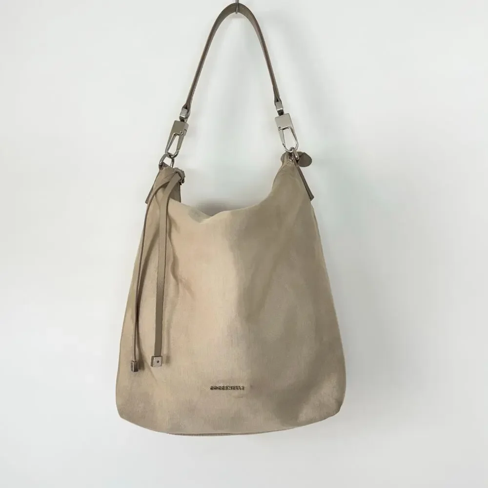 Coccinelle Textured Nylon Leather Trim Hobo Shoulder Bag Neutral Sandshell Beige